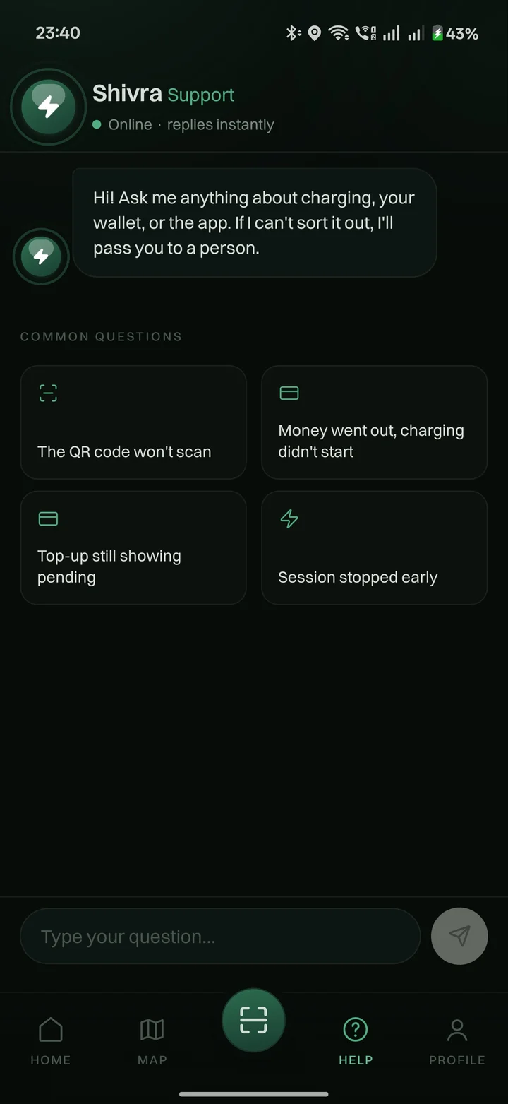 ShivraGreen app in-app support screen