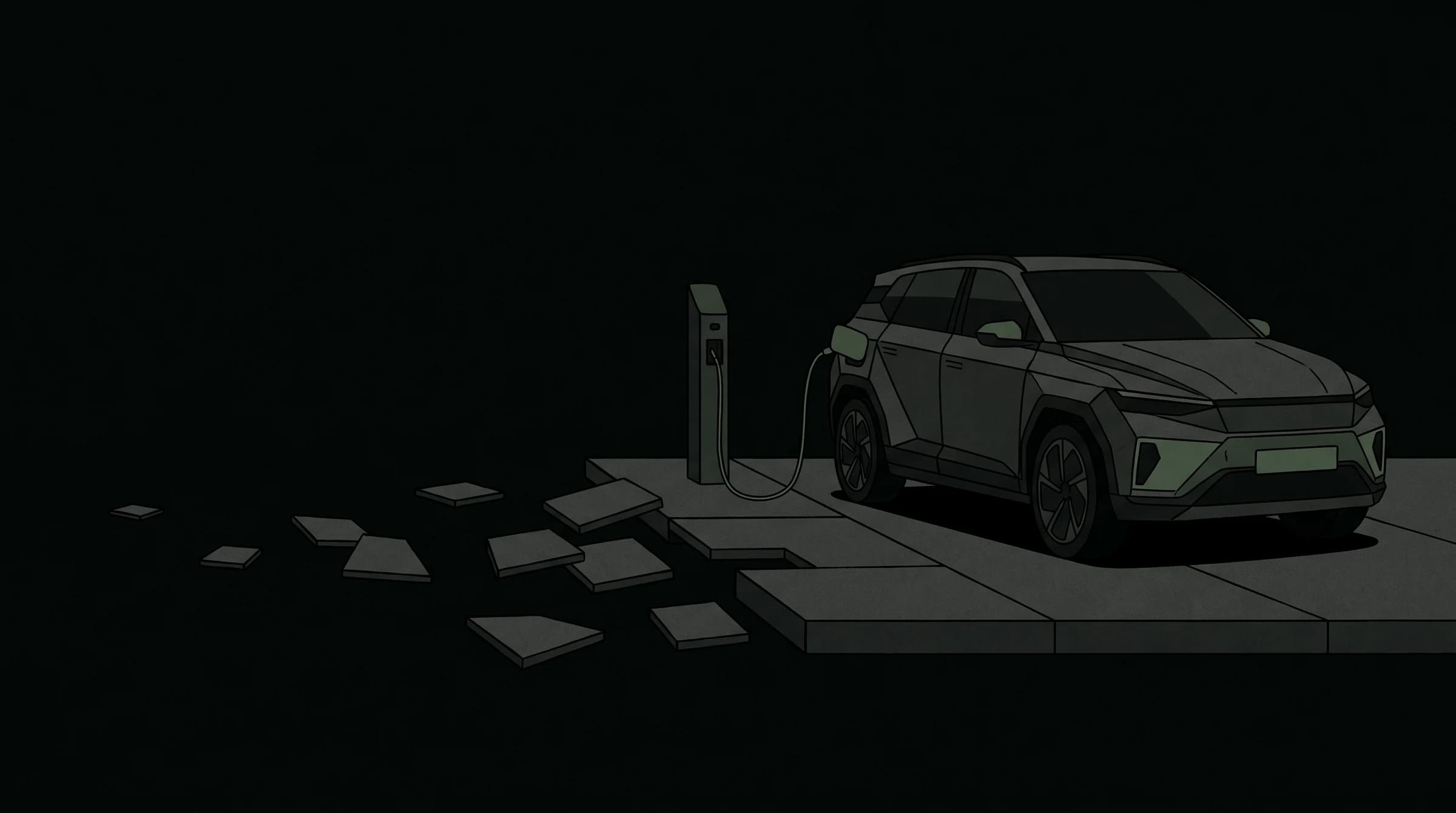 Illustration of a dark electric car charging at a ShivraGreen pillar, its platform breaking into scattered tiles