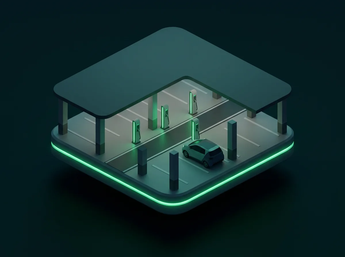 A row of illuminated ShivraGreen charging pillars in an apartment parking podium